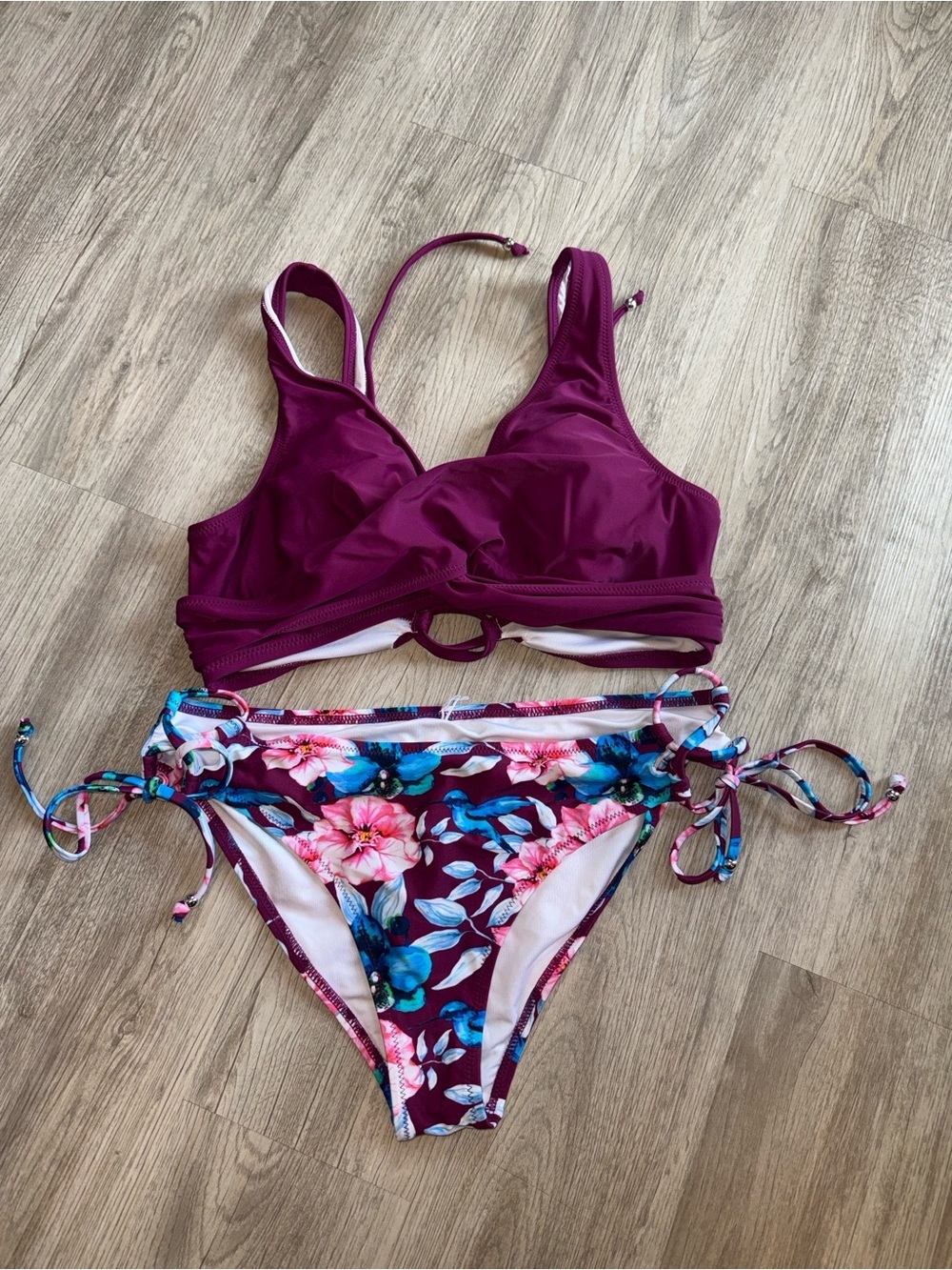 Women’s Floral Tie-Side Bikini Set in Deep Plum- NWOT- Large